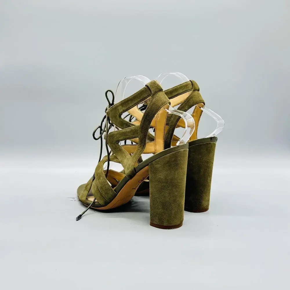 Sam Edelman Sandals Womens 7.5 Green Suede Lace Up Yardley Block Heel Shoes